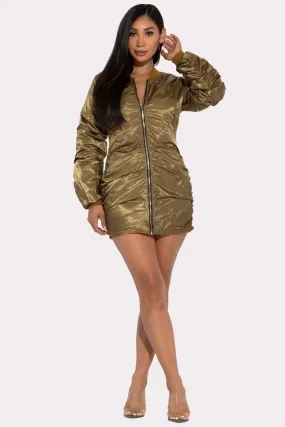 Olive Backless Bomber Mini Dress