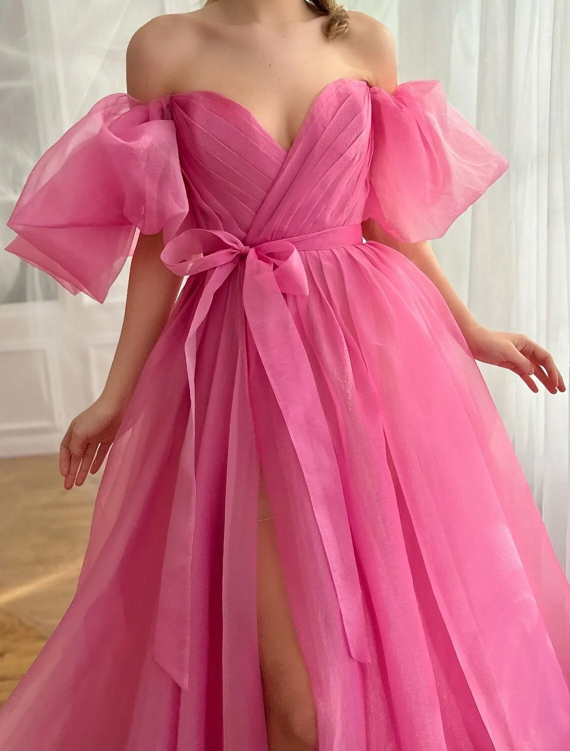 Pink Ball Gown A-Line Prom Dresses Princess Dress Prom Birthday Court Train Short Sleeve Tulle Backless with Ruched