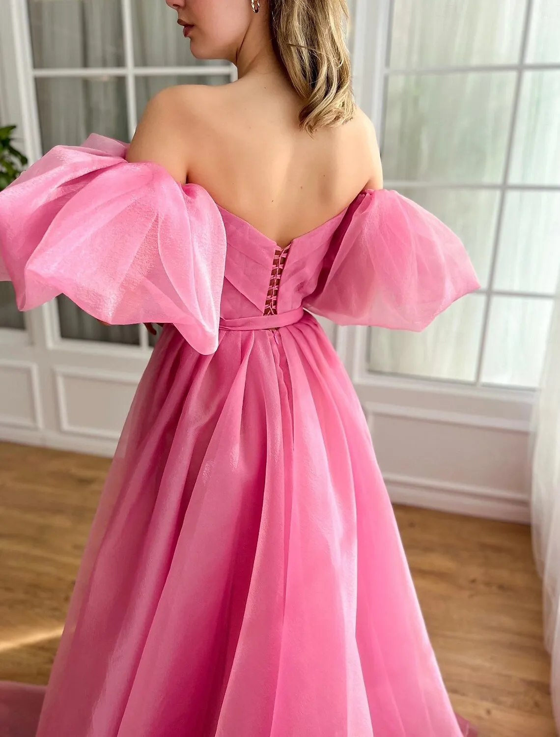 Pink Ball Gown A-Line Prom Dresses Princess Dress Prom Birthday Court Train Short Sleeve Tulle Backless with Ruched