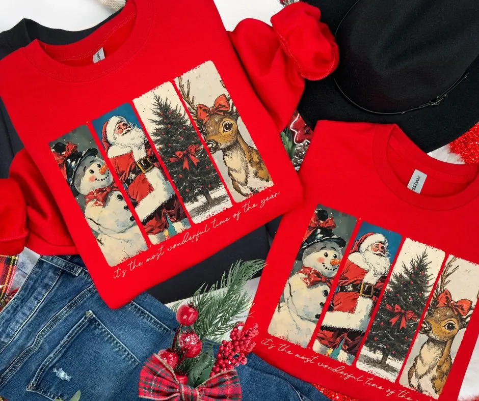 Retro Snowman, Santa, Tree, Reindeer RED Sweatshirt or Tshirt (FINAL SALE)