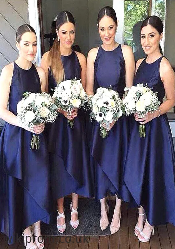 Scoop Neck Sleeveless Asymmetrical A-line/Princess Satin Bridesmaid Dresseses With Pleated Princess SWKP0025599