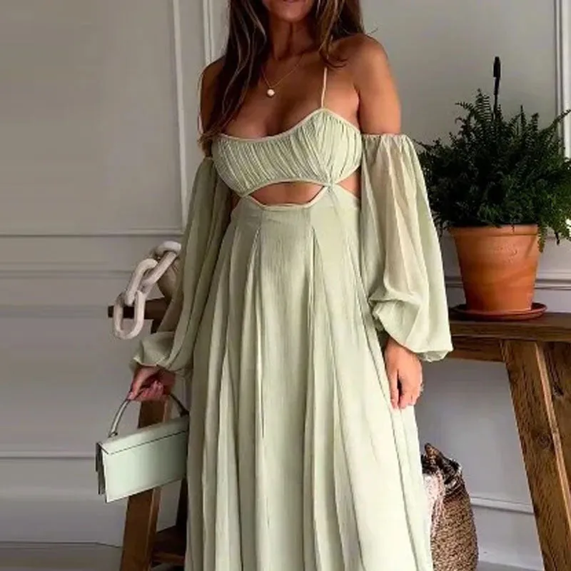 Sexy suspender long-sleeved backless green dress