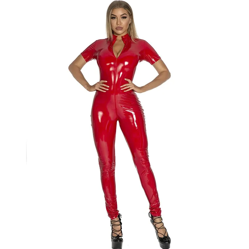 Short Sleeve Zipper Glossy Catsuit Shiny Jumpsuit Clubwear Wetlook PVC Tights Patent Leather Bodysuit