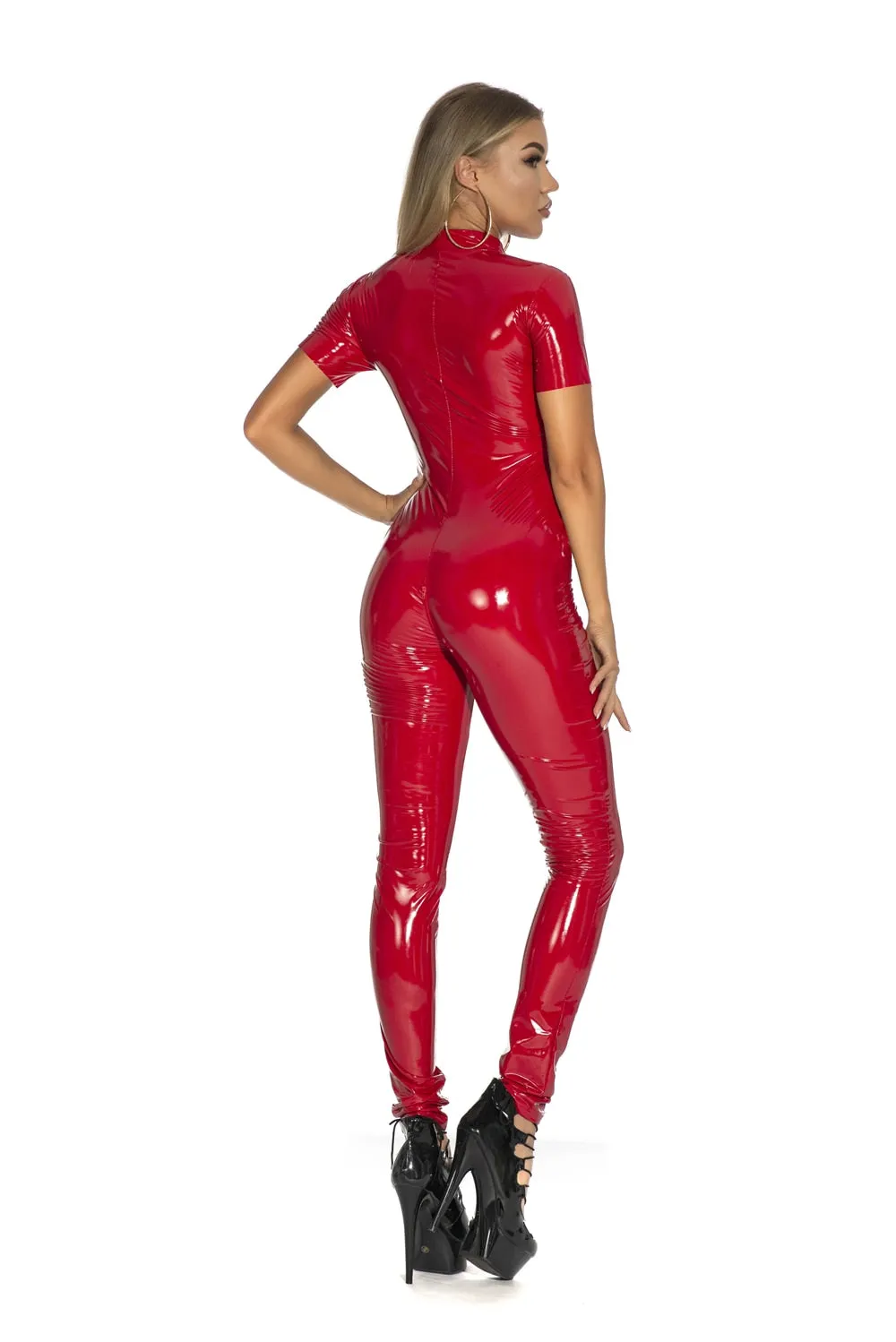 Short Sleeve Zipper Glossy Catsuit Shiny Jumpsuit Clubwear Wetlook PVC Tights Patent Leather Bodysuit