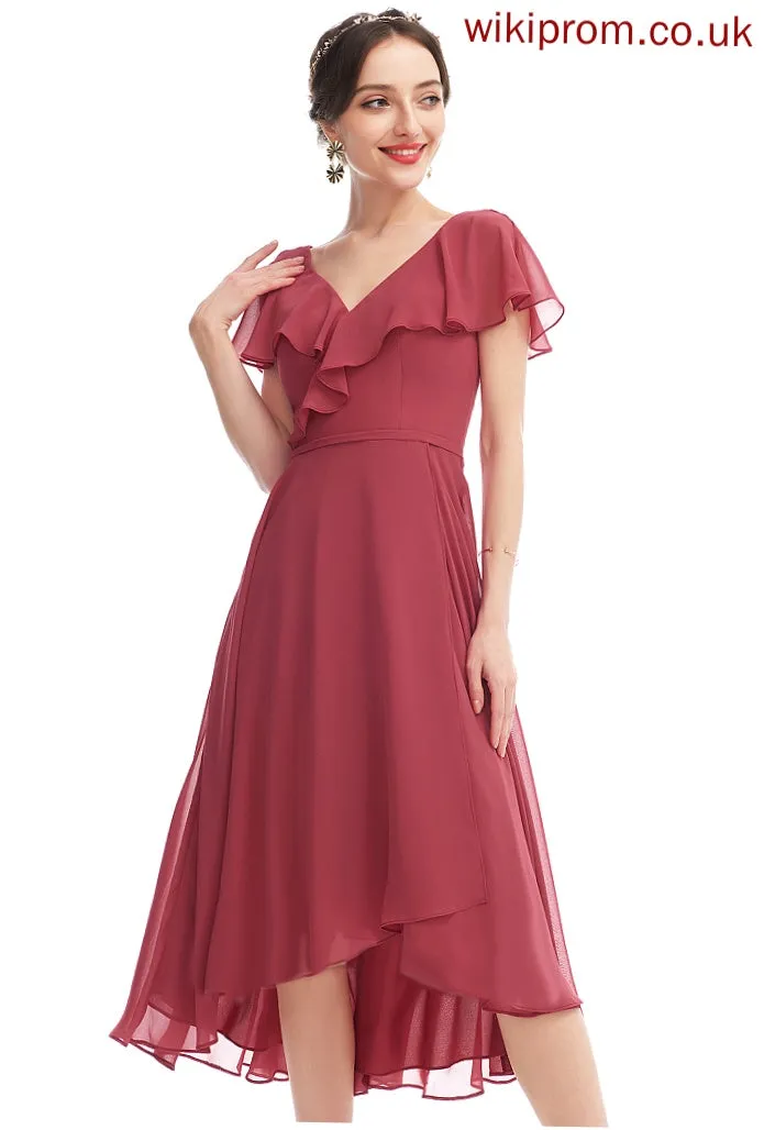 Silhouette Embellishment Asymmetrical V-neck Neckline A-Line Fabric Ruffle Length Elise Sleeveless Scoop Bridesmaid Dresses