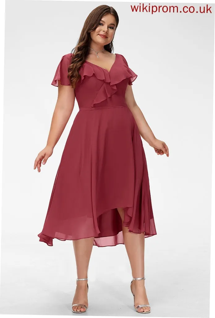 Silhouette Embellishment Asymmetrical V-neck Neckline A-Line Fabric Ruffle Length Elise Sleeveless Scoop Bridesmaid Dresses