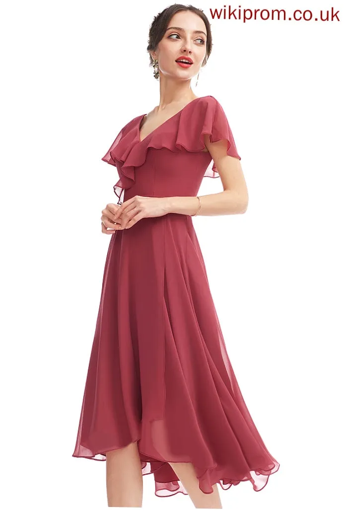 Silhouette Embellishment Asymmetrical V-neck Neckline A-Line Fabric Ruffle Length Elise Sleeveless Scoop Bridesmaid Dresses