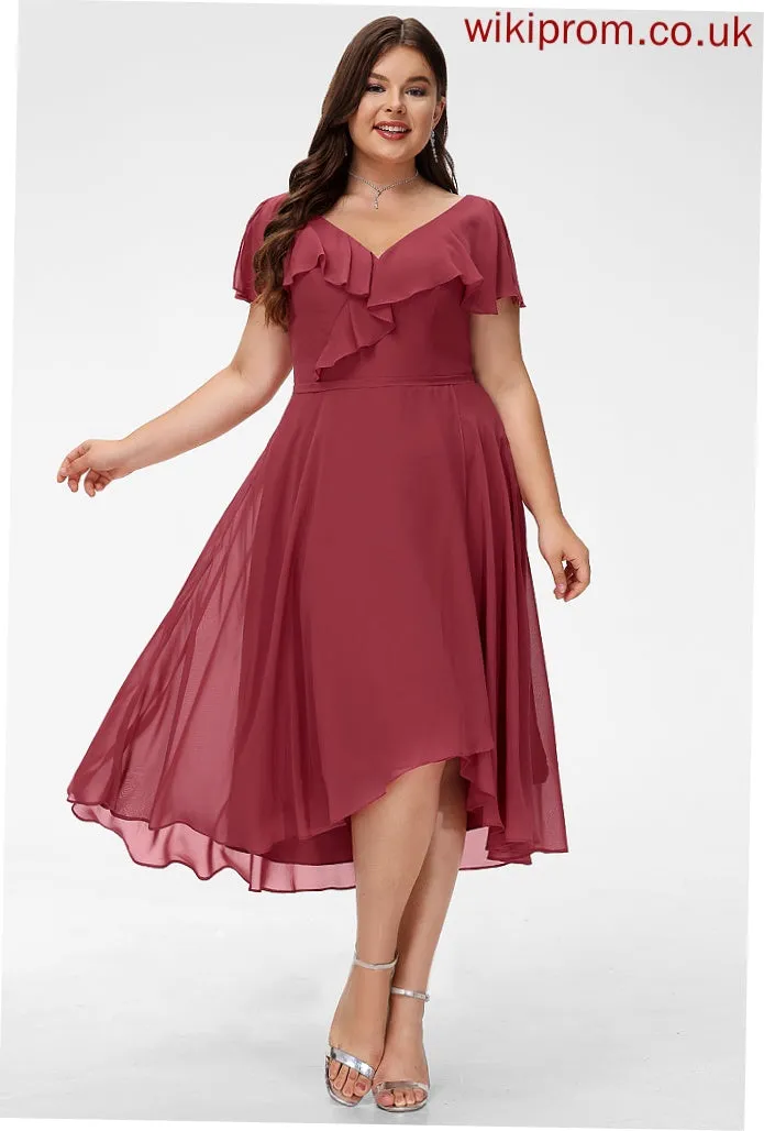 Silhouette Embellishment Asymmetrical V-neck Neckline A-Line Fabric Ruffle Length Elise Sleeveless Scoop Bridesmaid Dresses