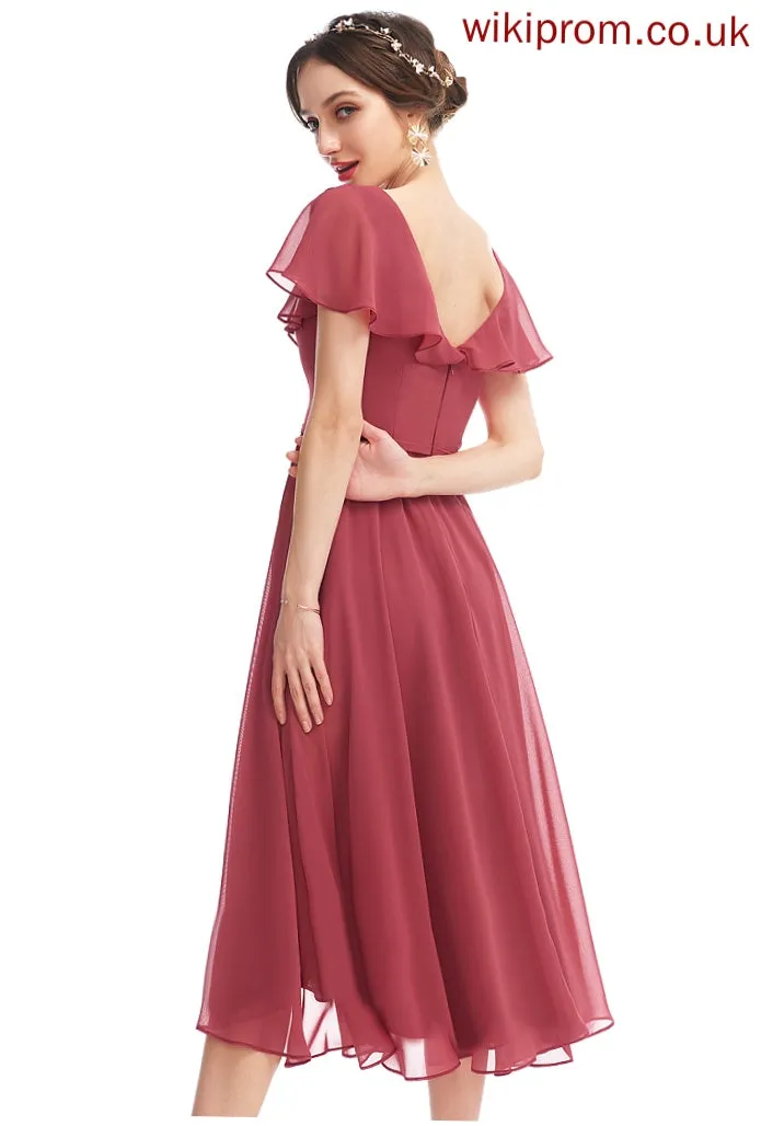 Silhouette Embellishment Asymmetrical V-neck Neckline A-Line Fabric Ruffle Length Elise Sleeveless Scoop Bridesmaid Dresses