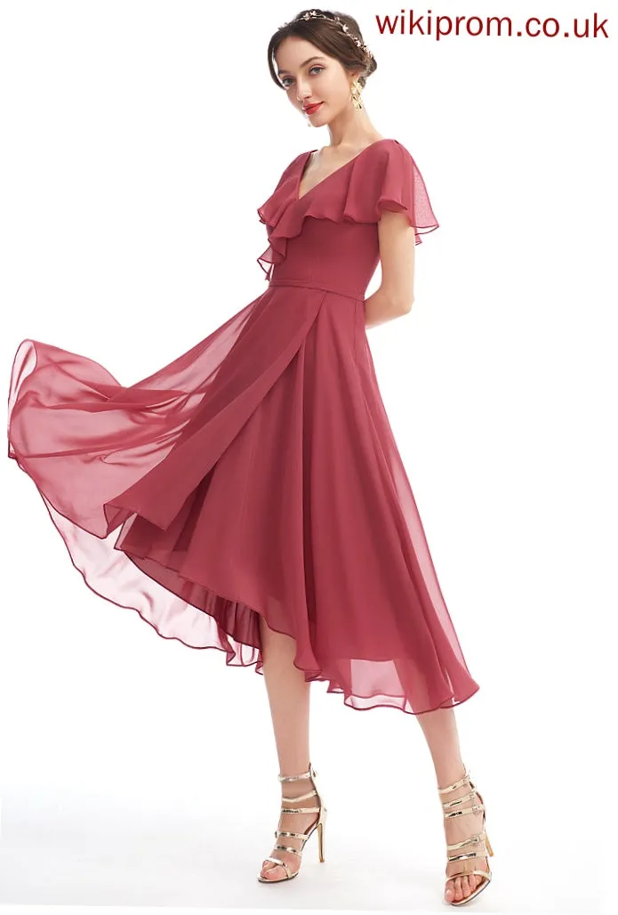 Silhouette Embellishment Asymmetrical V-neck Neckline A-Line Fabric Ruffle Length Elise Sleeveless Scoop Bridesmaid Dresses