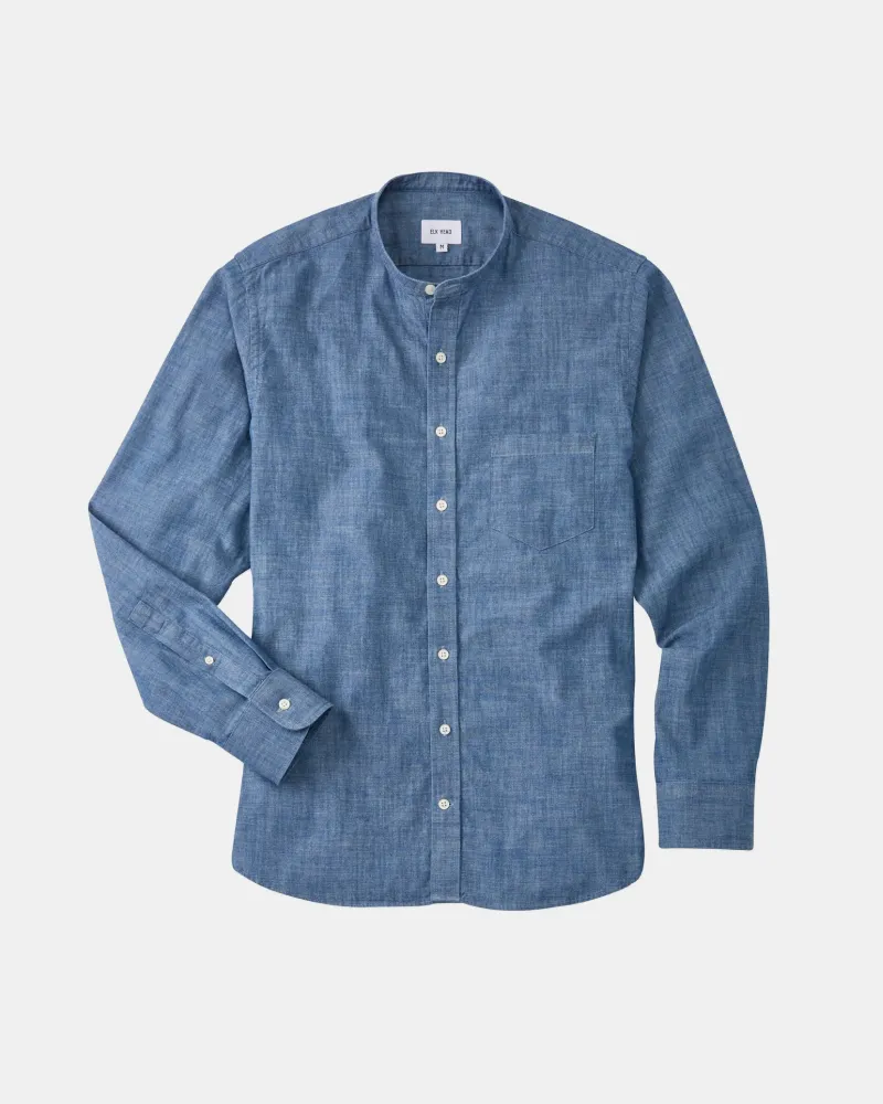 Stone Wash Chambray Band Collar Shirt