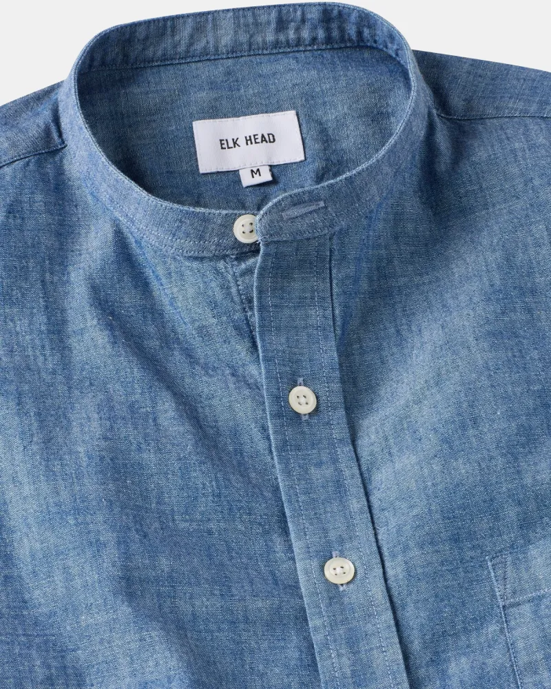 Stone Wash Chambray Band Collar Shirt