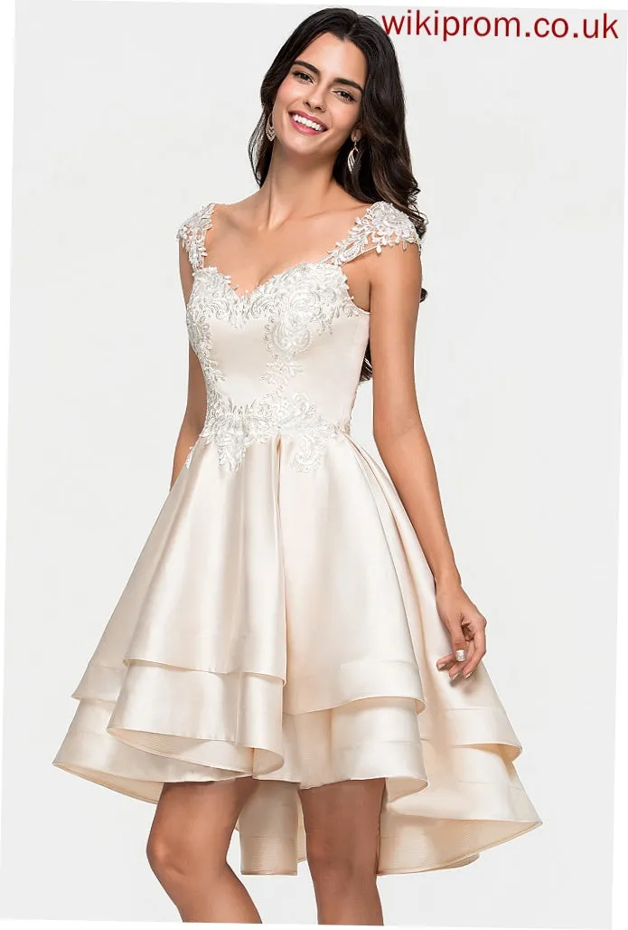 Sweetheart Satin With Cascading Lace Ruffles Asymmetrical Beading Ashly A-Line Prom Dresses