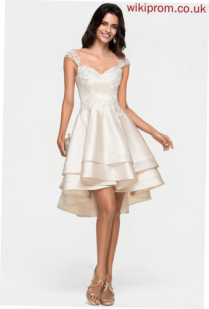 Sweetheart Satin With Cascading Lace Ruffles Asymmetrical Beading Ashly A-Line Prom Dresses