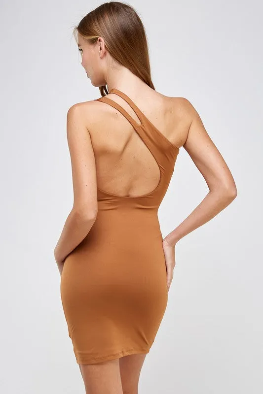 THE MYSTYLEMODE CARAMEL ONE SHOULDER MINI DRESS