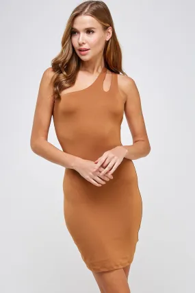 THE MYSTYLEMODE CARAMEL ONE SHOULDER MINI DRESS