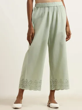 Utsa Mint Cutwork Hem Blended Linen Wide-Leg Pants