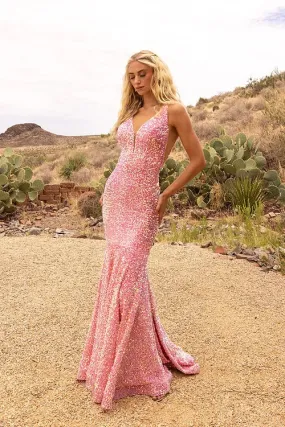 Vienna Prom 82035 Pink Velvet Prom Dress size 4 Sequins Backless