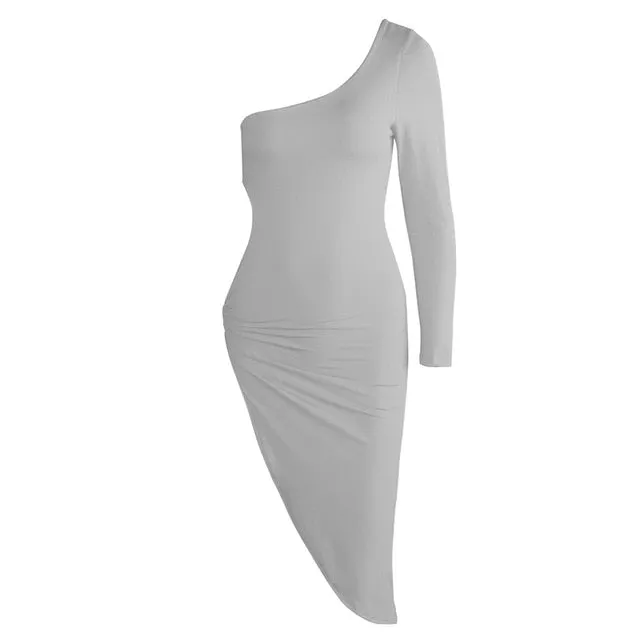 Viifaa One Shoulder Cut Out Side Asymmetrical Hem Bodycon Ruched Midi Party Dress