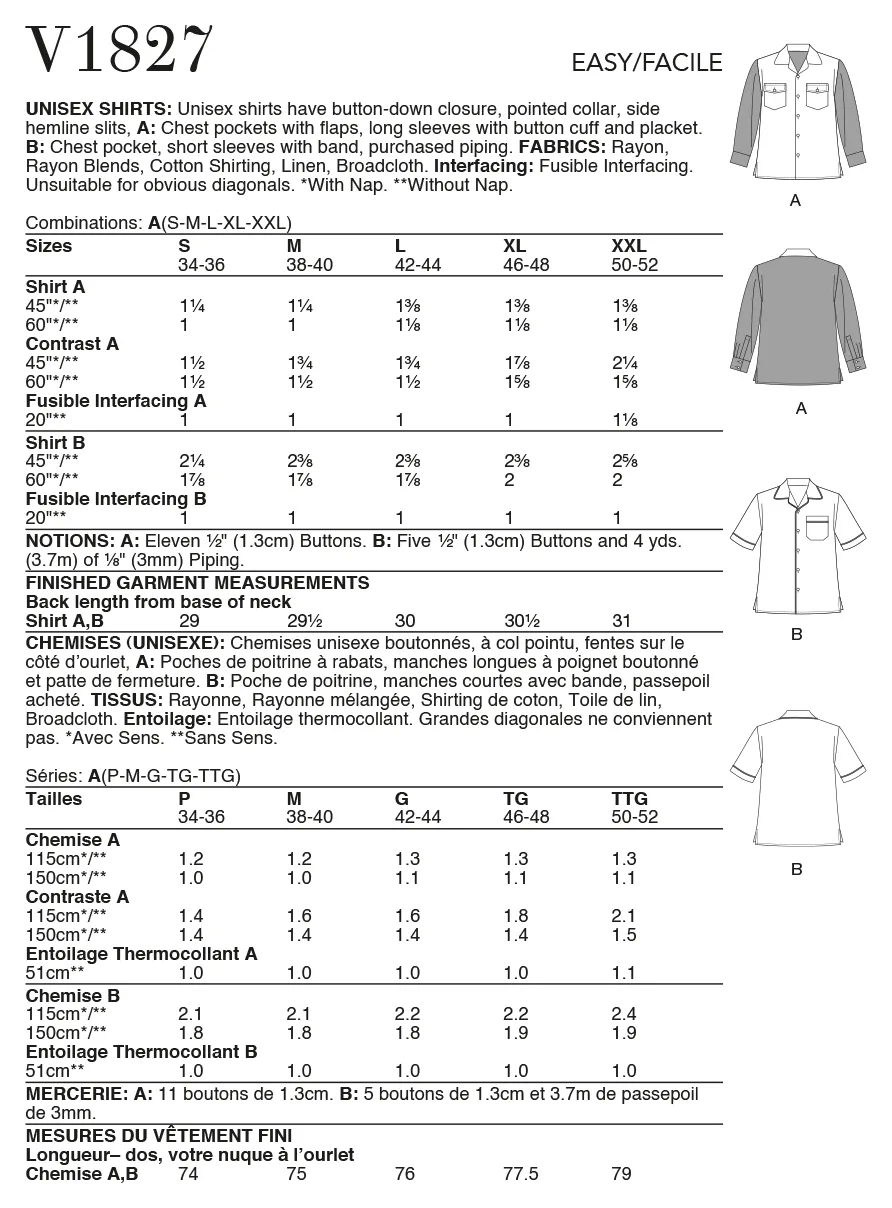 Vogue Pattern V1827  Unisex Shirts