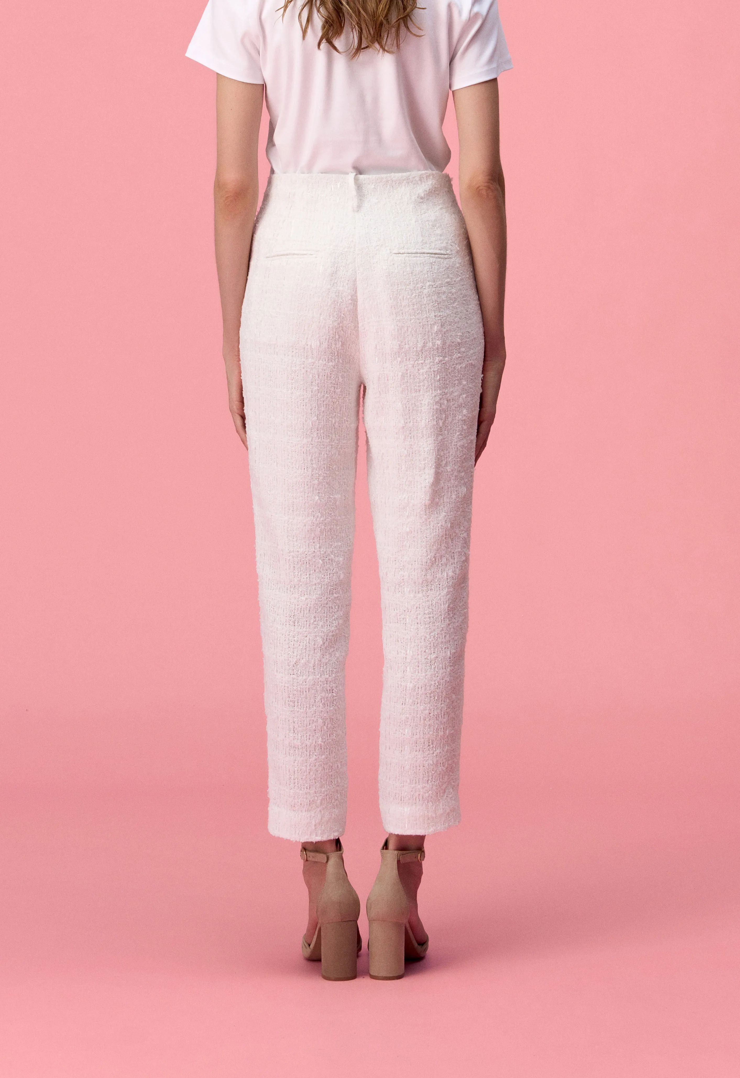 White Tweed Ankle-length Straight-leg Pants