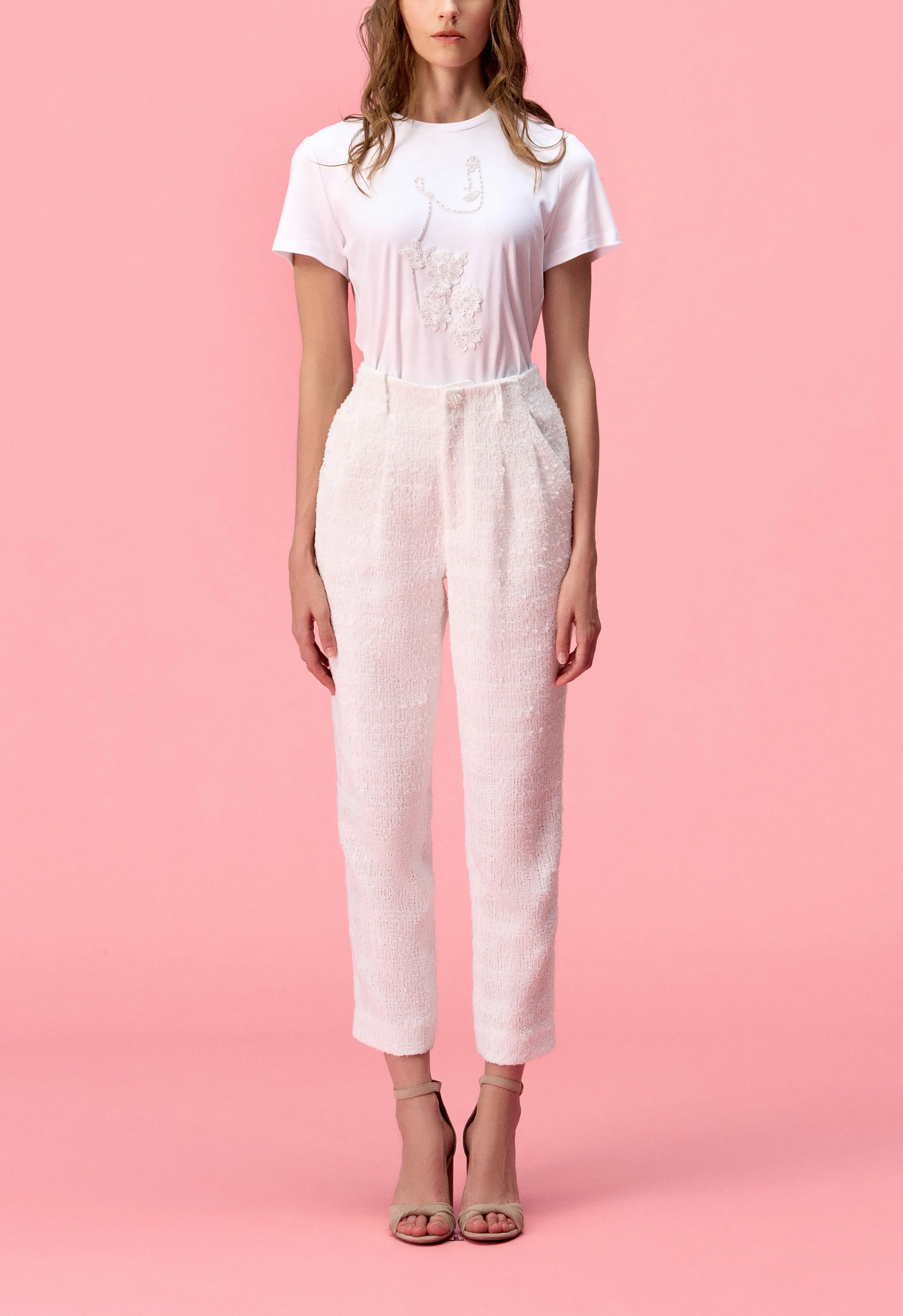 White Tweed Ankle-length Straight-leg Pants