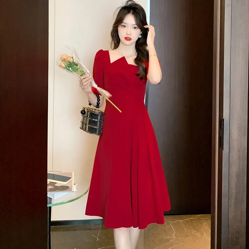 Women Short Sleeve Asymmetrical Collar Wedding Dress Women Red Luxury Chic Prom Midi Dress - WD8106