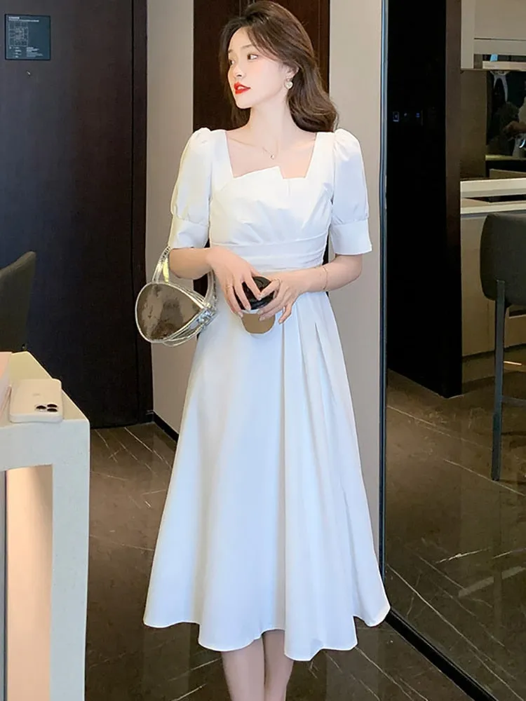 Women Short Sleeve Asymmetrical Collar Wedding Dress Women Red Luxury Chic Prom Midi Dress - WD8106