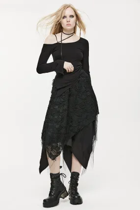 Women's Half Style Burnt Tattered Black Mesh and Dry Fashion Butterfly Asymmetrical Skirt